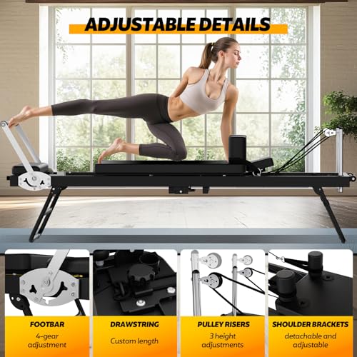 Foldable Pilates Reformer for Home Use, Portable Pilates Machine Reformer with Adjustable Resistance, Springs and Cords, Compact, Lightweight, Perfect for Home Gym, Maximum Load 400 LBS
