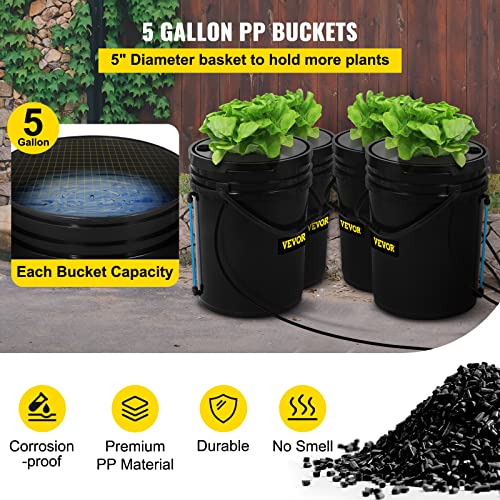 VEVOR RDWC Hydroponics Grow System, Hydroponic Growing Kit with Top Drip, Recirculating Deep Water Culture 4 Buckles and 1 Reservoir, with Air Pump and Water Level Device for Leafy Vegetables