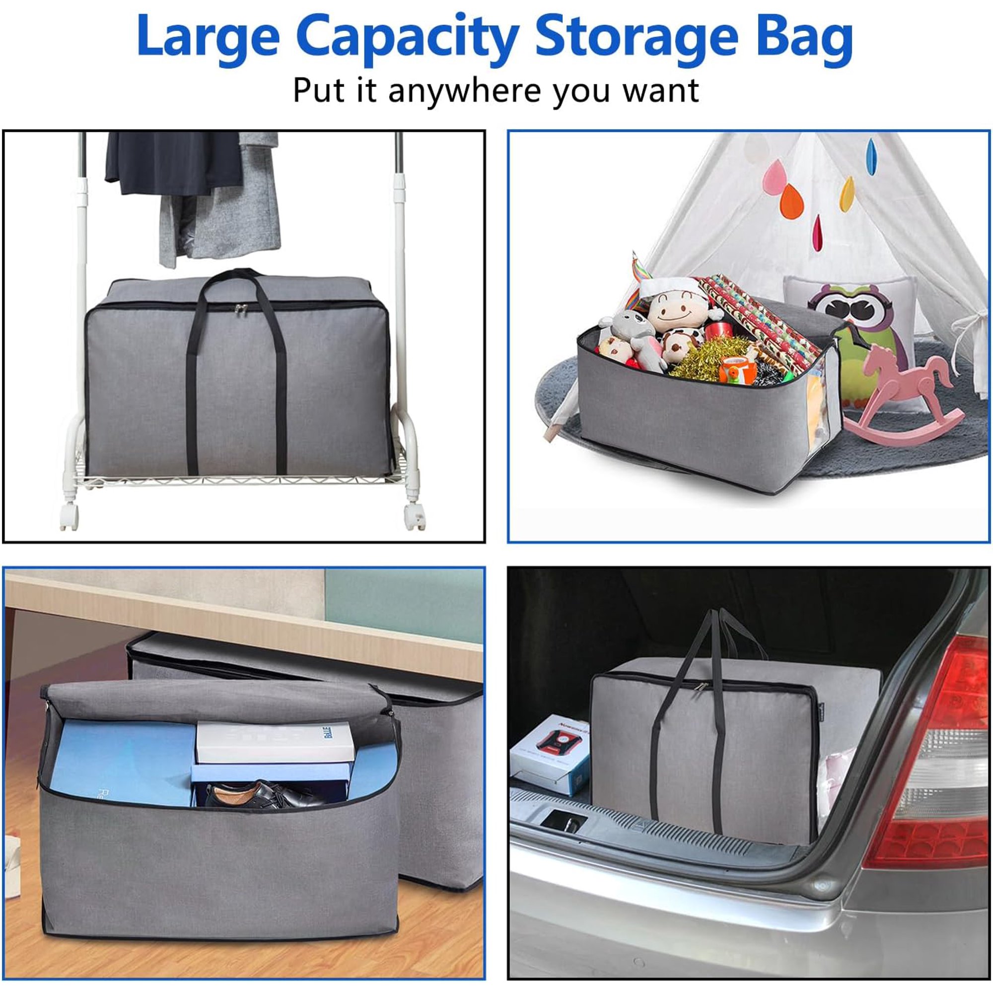 Thick Over Size Storage Bag, Folding Organizer Bag, Under Bed Storage, College Carrying Bag for Bedding Comforters, Blanket, Clothes (Grey)