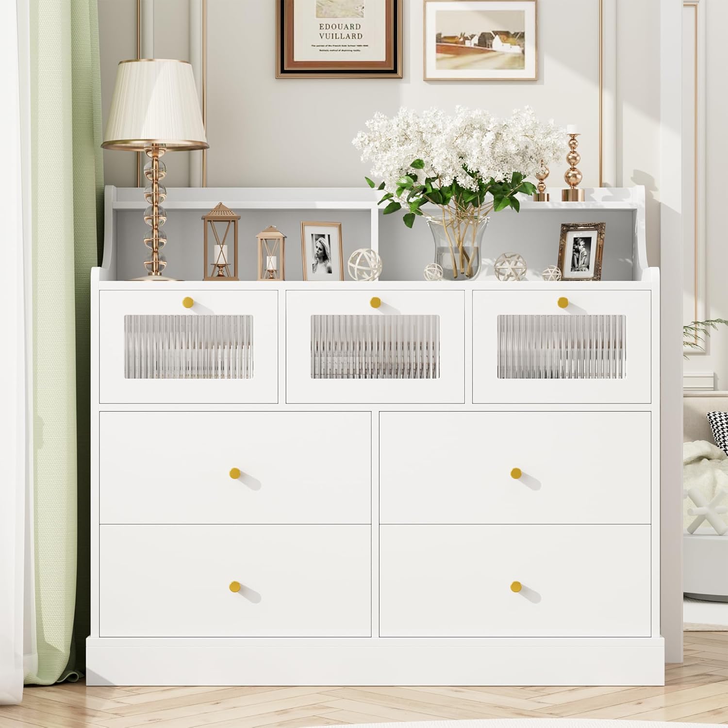 finetones 7 Drawer Dresser, White Dresser Double Dresser with Shelves, White and Gold Dresser, Wide Chest of Drawers, Dressers & Chests of Drawers, Large Wooden Storage White Dresser for Living Room