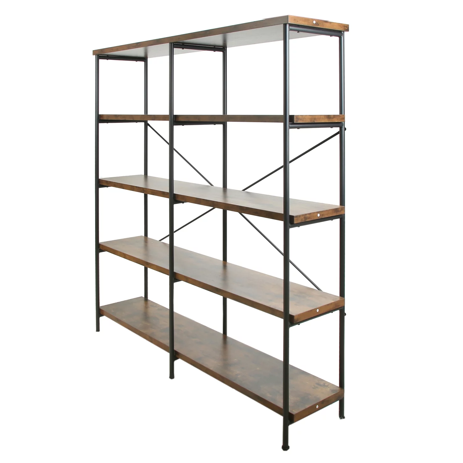 Benjara 14.25" 4-Shelf Modern Metal and Wood Bookcase in Brown and Black