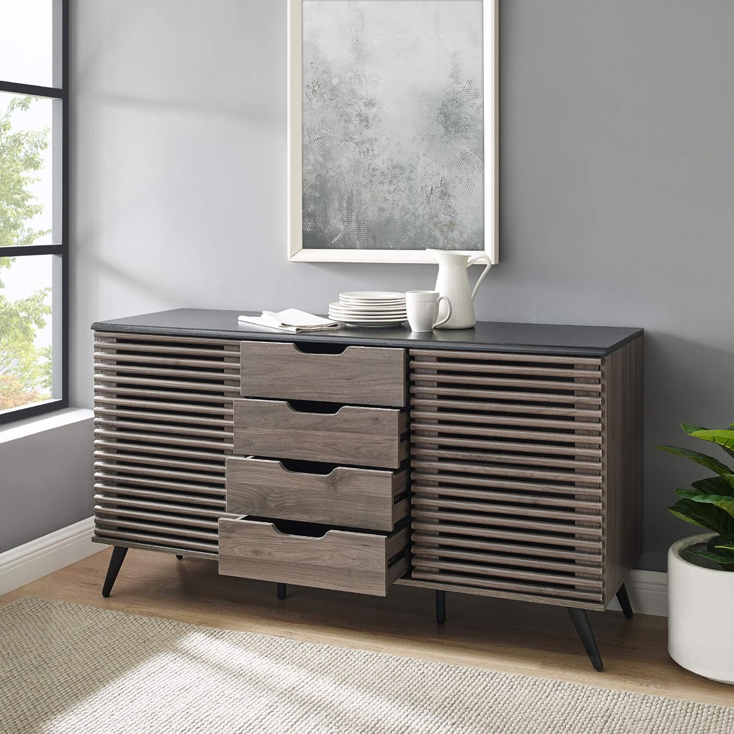 Walker Edison Modern 4 Drawer Sliding Door Wood Cabinet Buffet Entryway Serving Storage Cabinet Doors Dining Room Console, 59 Inch, Black and Slate Grey