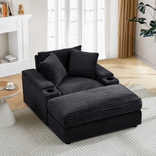 Modern Chaise Longue Indoor, 86.6" Oversized 3 Seater Lounge Sofa Chaise with Movable Ottoman/Storage Armrests/Cup Holders, Corduroy Deep Seat Sectional Cloud Sofa Couches for Living Room, Green