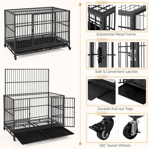 Yaheetech 48'' Dog Crate Extra Large Pet Crate XXL Indestructible Dog Crate W/2 Doors/Lockable Wheels/Removeable Trays for Indoor/Outdoor