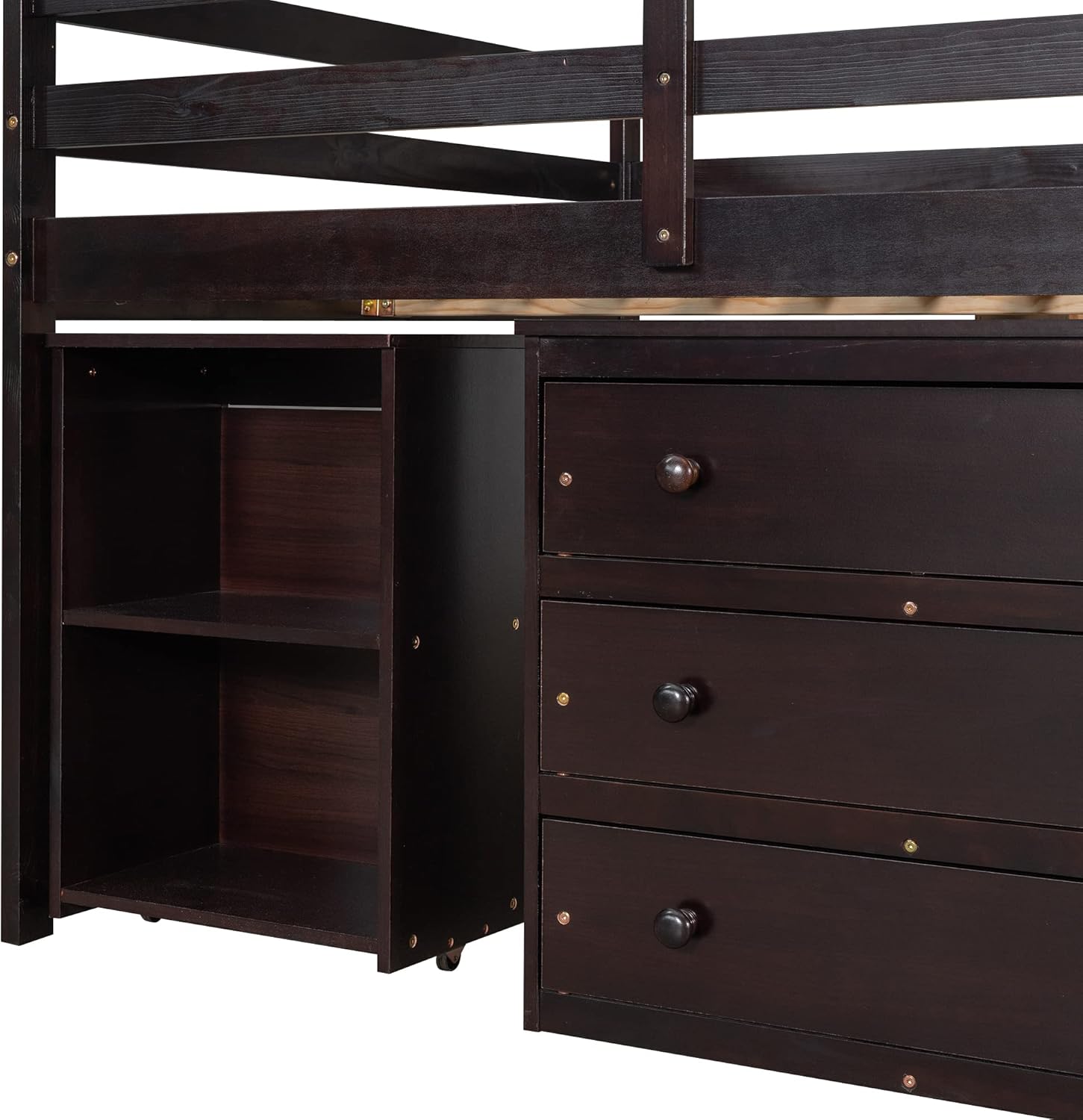 Low Study Full Loft Bed with Cabinet,Shelves and Rolling Portable Desk,Multiple Functions Bed- Espresso