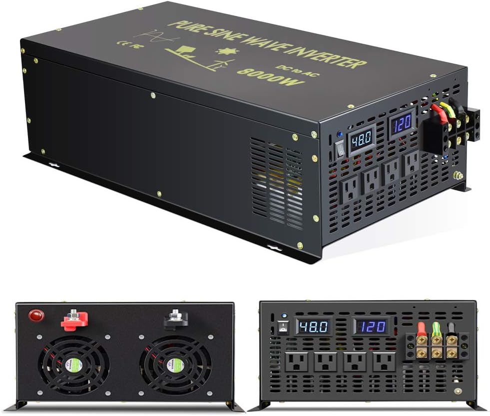 Reliable 8000W Continuous Power Heavy Duty Pure Sine Wave Power Inverter DC 48V to AC 120V with 4 AC Outlets Remote Control 66A Hardwire Terminal and LED Display for RV Car Solar System Emergency
