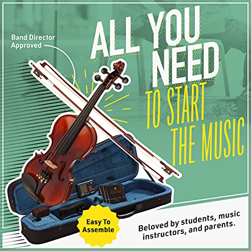 Mendini By Cecilio Violin - MV500+92D - Size 4/4 (Full Size), Black Solid Wood - Flamed, 1-Piece Violins w/Case, Tuner, Shoulder Rest, Bow, Rosin, Bridge & Strings - Adult, Kids