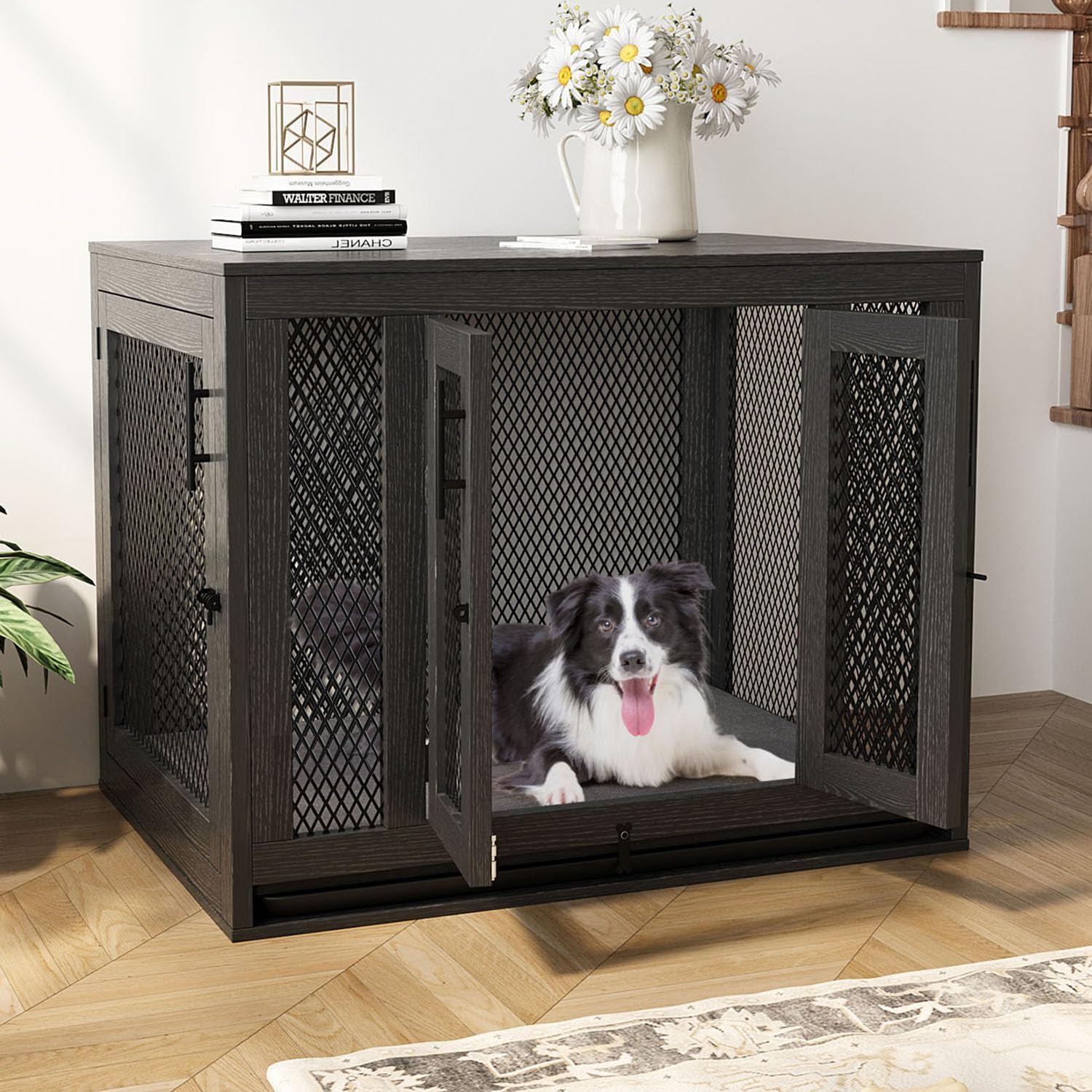 Furniture Style Dog Crate with Tray and Cushion, Double Doors Wooden Dog Kennel End Table, Decorative Pet Crate House Cage Indoor for Small Medium Dogs