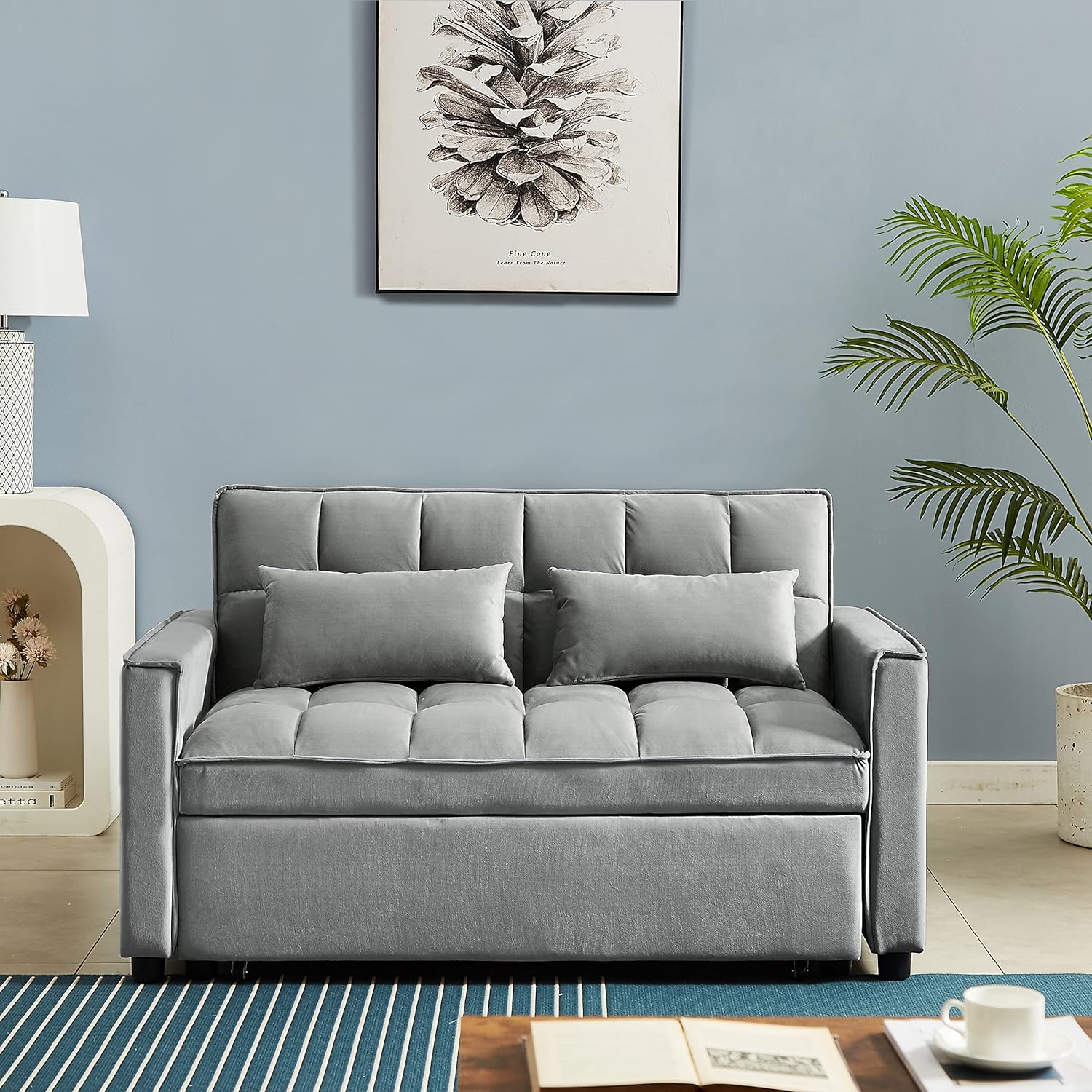 Eafurn 3 in 1 Multi-Functional Convertible Sleeper Sofa Bed, Modern Futon Loveseat Pull Out Couch with Reclining Adjustable Backrest & Side Pockets for Apartment Living Room Bedroom, Grey 55.2"