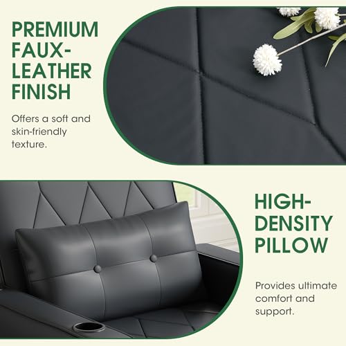 3-in-1 Convertible Sofa Chair Bed, Pull Out Leather Recliner Sleeper Sofa Chair Bed Couch with Cup Holders, USB & Type C Port,Side Pockets, Perfect for Living Room,Bedroom,Office (Black)