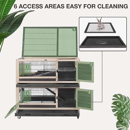 Two-Story Guinea Pig Cage with Wheels Rabbit Hutch Indoor Outdoor with 6 Access Doors, 2 Pull-Out Trays, Removable Wire Mesh and UV Proof Panel(Grey)