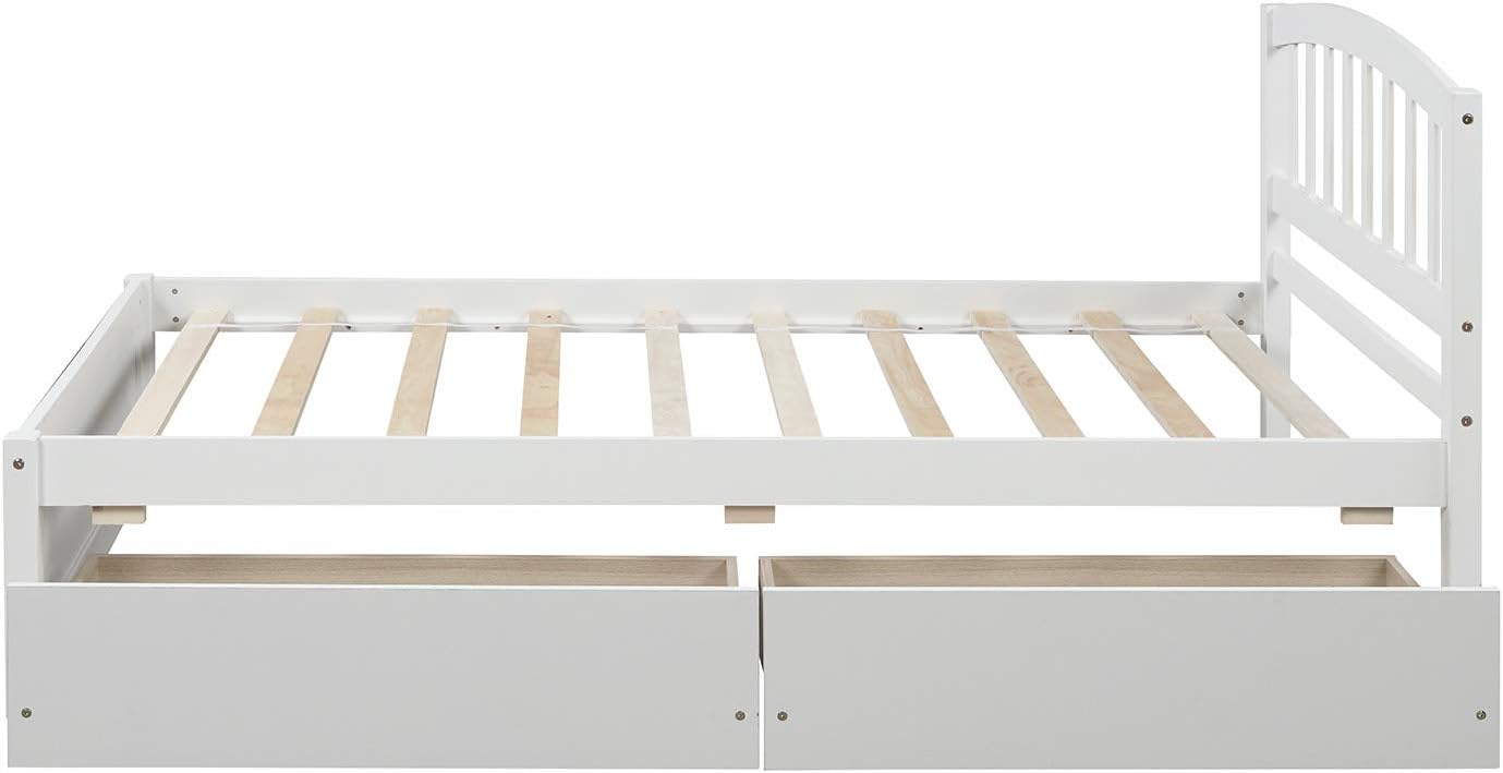 Bed frame with storage drawers, platform double bed frame with two drawers and headboard, large bed frame, no box spring required, white 79.5x41.8x37.4 inches