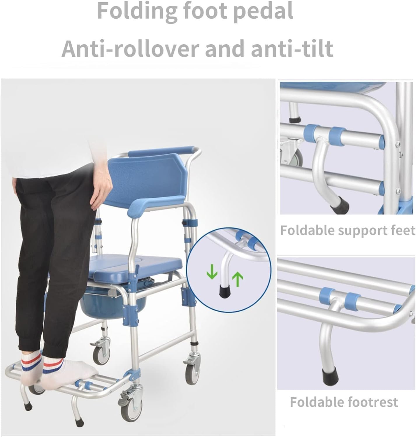 Commode Wheelchair - Portable Toilet Chair - Shower Chair with Wheels - with Padded Seat Movable Armrest Folding Pedal - Bedside Commodes for Easy Transfer of Seniors Disabled