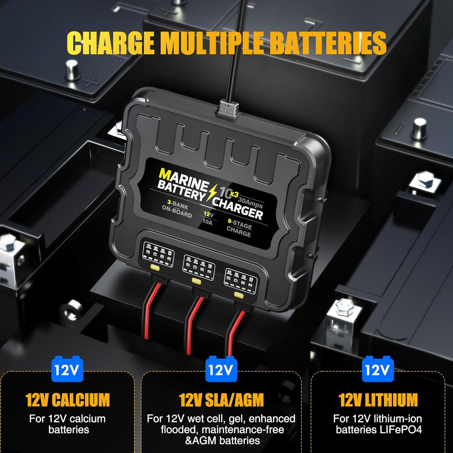 3 Bank Marine Battery Charger, 12V 30A (10A/Bank) Smart Waterproof Onboard Boat Battery Charger, Battery Maintainer & Desulfator for SLA/AGM/Lithium (LiFePO4), Calcium and Deep-Cycle Batteries