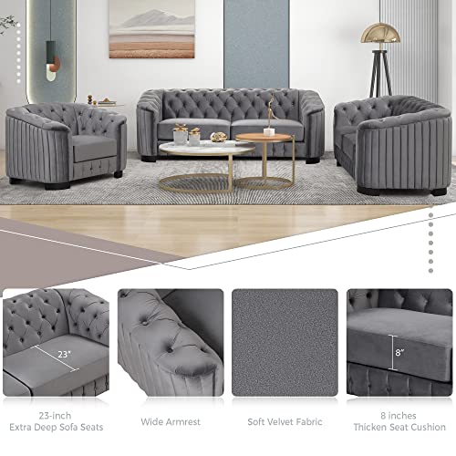 3 Piece Living Room Set, Velvet Chesterfield Sofa Loveseat Couch Chair Set 3-Seat Sofa Couches Set of 3 with Button and Nailhead Grey