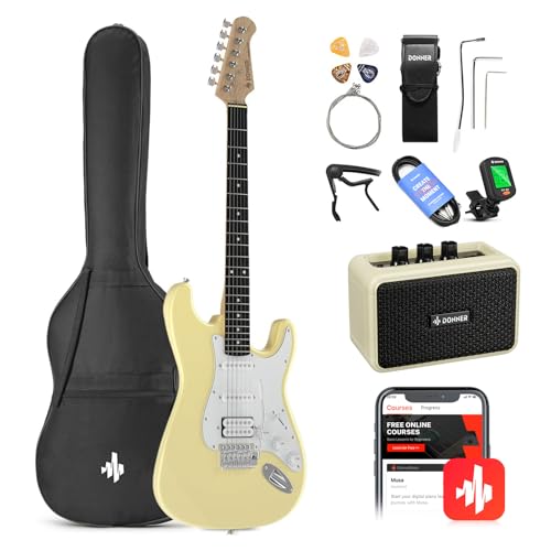 Donner DST-100B 39 Inch Electric Guitar Beginner Kit Solid Body Full Size Black HSS for Starter, with Amplifier, Bag, Digital Tuner, Capo, Strap, String,Cable, Picks