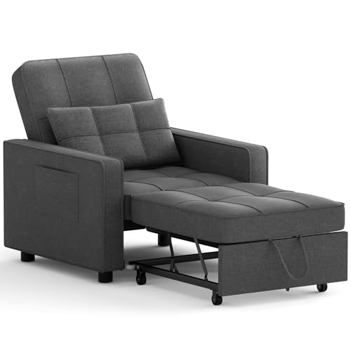 Flamaker Sofa Bed, Sleeper Sofa 3-in-1, Adjustable Couch Bed with Modern Linen Fabric, Convertible Sleeper Chair for Living Room, Apartment and Small Space (Dark Grey)