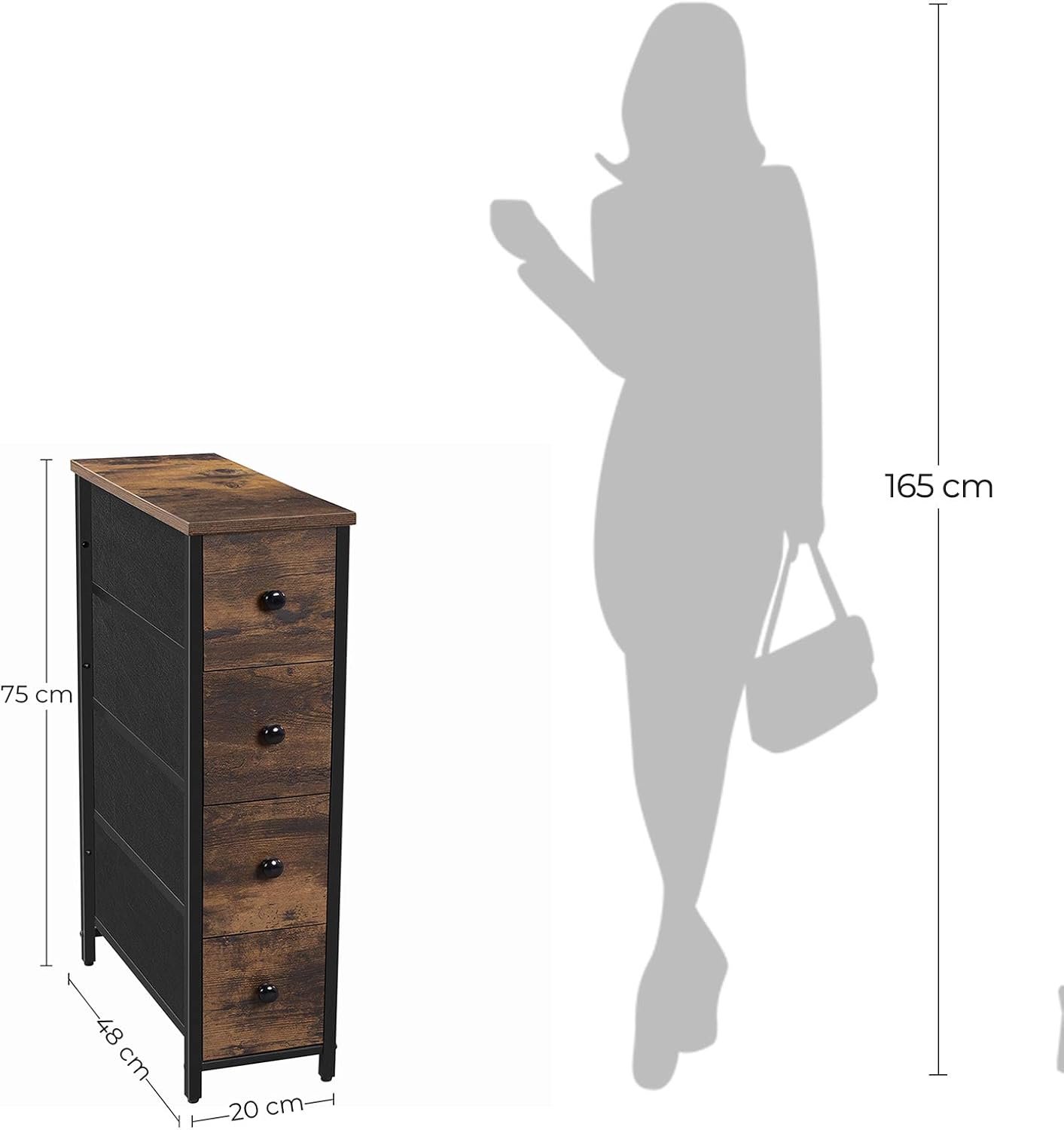 SONGMICS Narrow Dresser, Vertical Storage Unit with 4 Fabric Drawers, for Small Spaces and Gaps, Metal Frame, Slim Storage Tower, for Living Room, Laundry, Closet, Rustic Brown and Black ULGS041B01