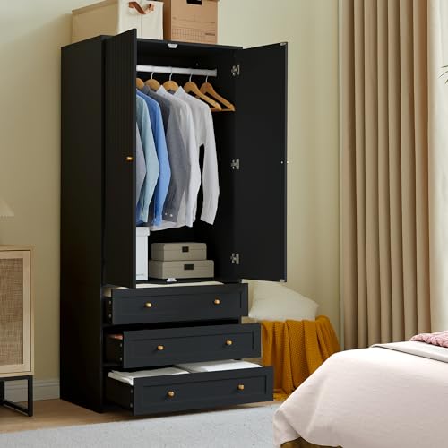 Wardrobe Closet Armoire, 71 "Wardrobe Armoire Wooden Closet with 3 Drawers, 2 Doors Household Freestanding Wooden Closet Storage Cabinet for Bedroom (Black)