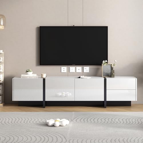 Luxury 75" TV Stand, Modern High Glossy Entertainment Center for TVs Up to 85 inches, TV Console Table with 2 Small Drawers and 3 Big Cabinets, TV Stand for Living Room, Bedroom,Black