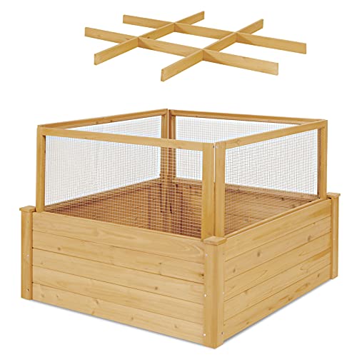 Giantex Raised Garden Bed with Fence, Wood Planter Raised Bed with Critter Guard Fence, 9 Grids Plant Container, Outdoor Plant Box for Garden Patio Backyard Balcony (42" Lx42 Wx32.5 H)