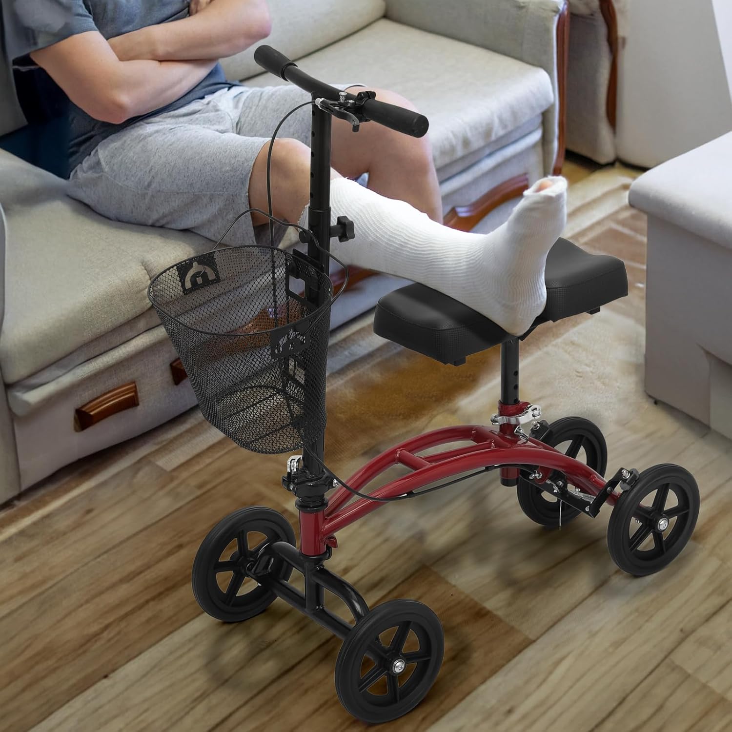 Knee Walker Compact Heavy Duty Roller Scooter Adjust Height 7.5'' Wheels Knee Scooter with Right Handbrake and 15" Length Knee Pad for Ankle and Foot Injured 350lbs Capacity, Red