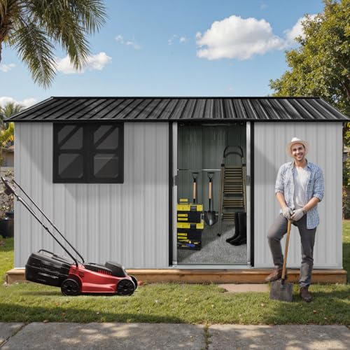 10' x 8' Large Outdoor Storage Shed, Sturdy Metal Building w/Windows & Lockable Doors for Garden, Backyard, Poolside and Lawn, Grey
