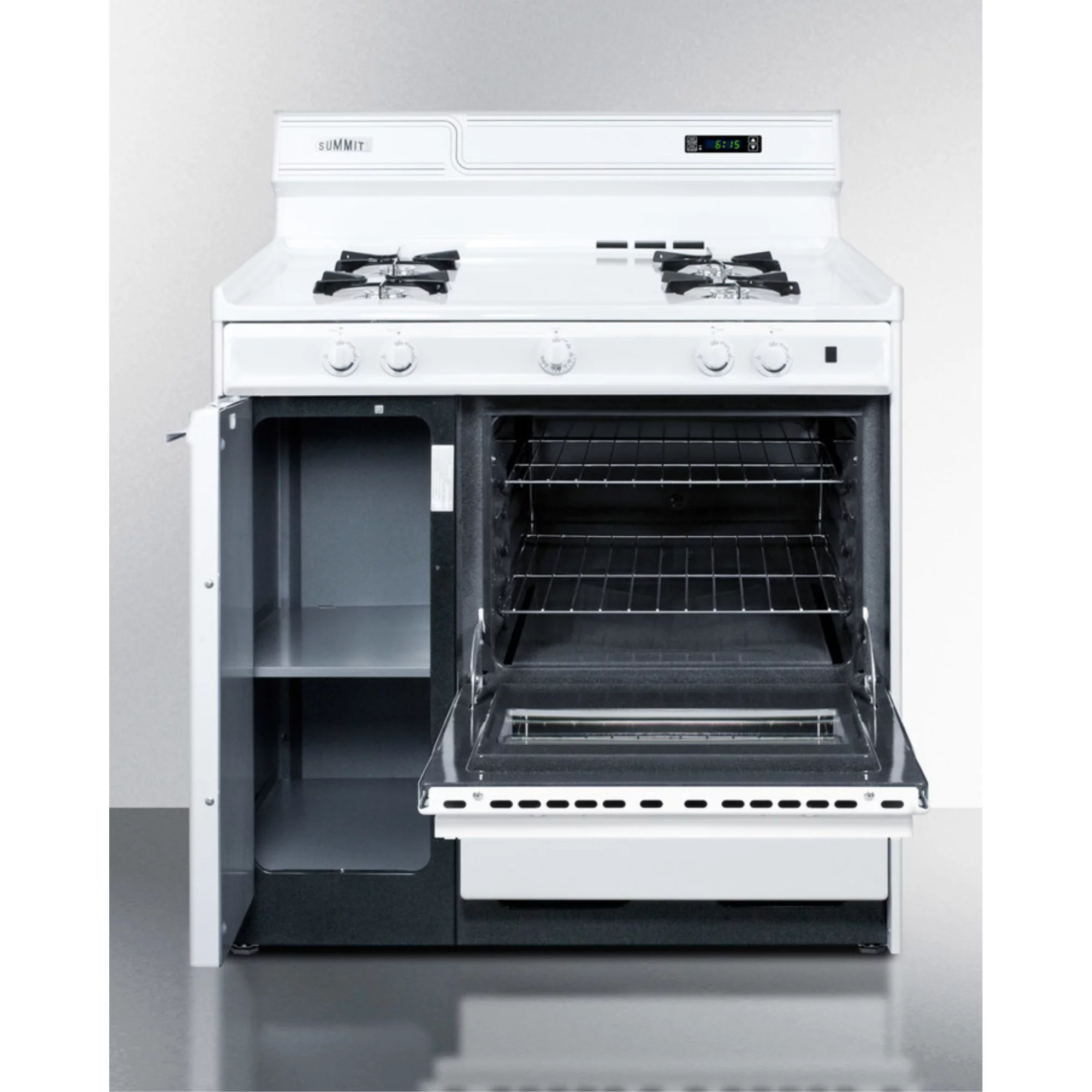 36" wide gas range in white with open burners, storage compartment, oven window, high backguard, and spark ignition