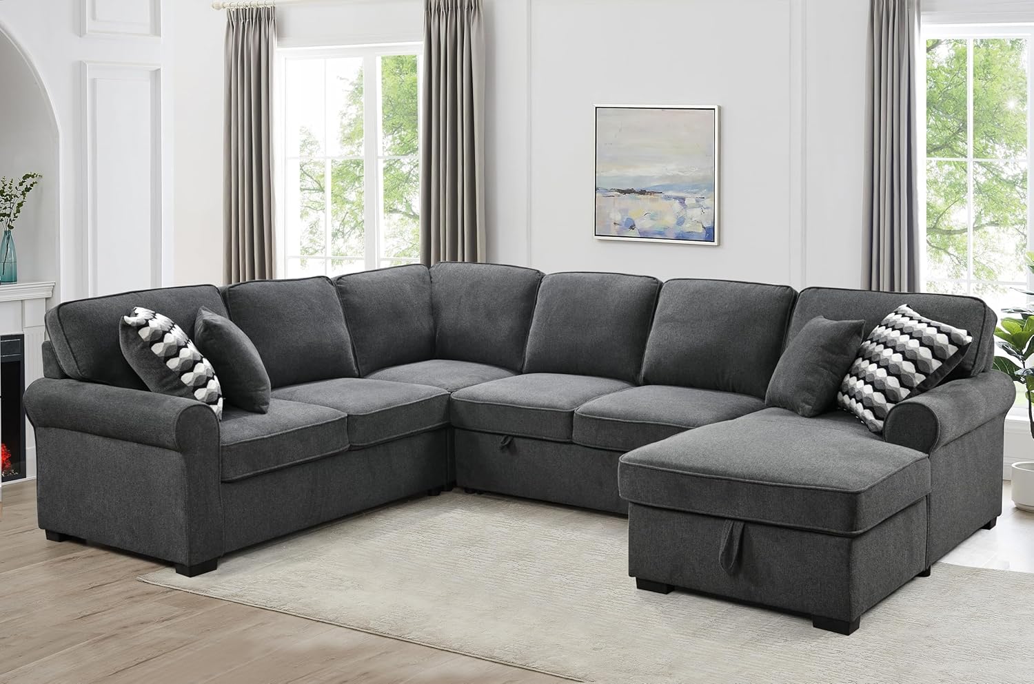 Ball & Cast 117" Sofa Bed with Storage Chaise,U Shaped Corner Convertible Sleeper Sectional Couch W/ 4 Throw Pillows & Removable Backrest Cushions,for Living Room,Apartment,Dark Gray