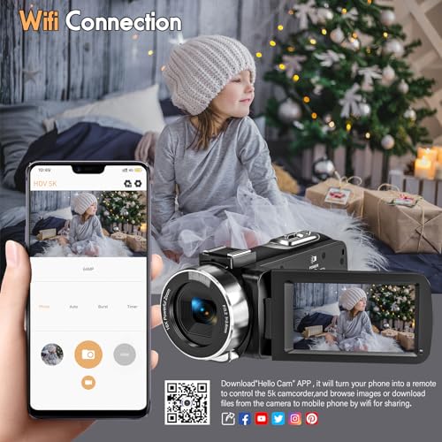 5K Video Camera 64MP Camcorder IR Night Vision Vlogging Camera 18X Zoom WiFi Digital Camera for YouTube 3.0'' Touch Screen Camcorder with 32GB SD Card, Microphone, 2.4G Remote Control