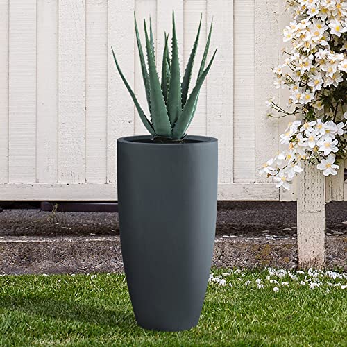 Kante 23.6" H Charcoal Concrete Tall Planters (Set of 2), Large Outdoor Indoor Decorative Plant Pots with Drainage Hole and Rubber Plug, Modern Style for Home and Garden