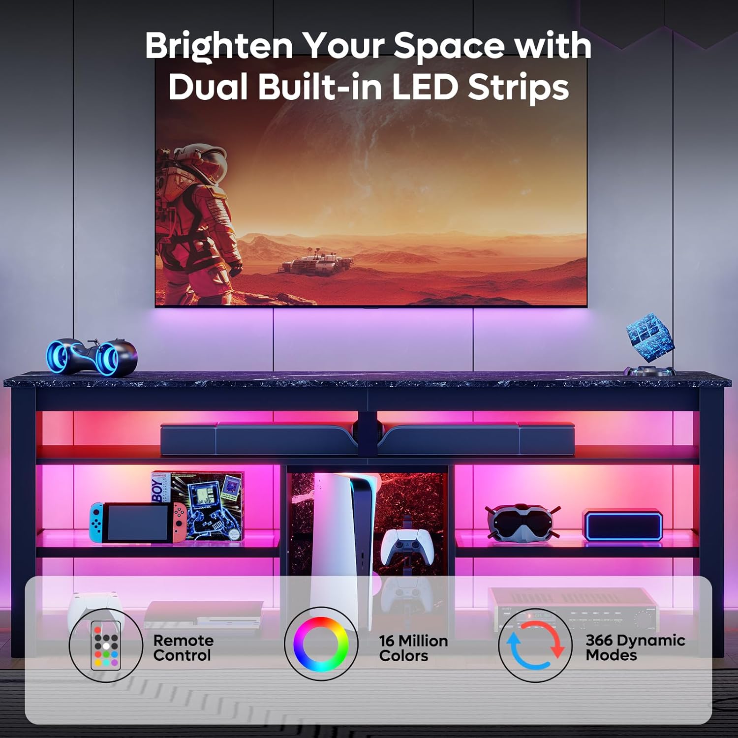 Bestier TV Stand for 65/70 inch TV, Tall Entertainment Center with 2 Led Lights, Gaming TV Console with Storage for PS5, Modern TV Cabinet for Bedroom, Living Room, Black Marble