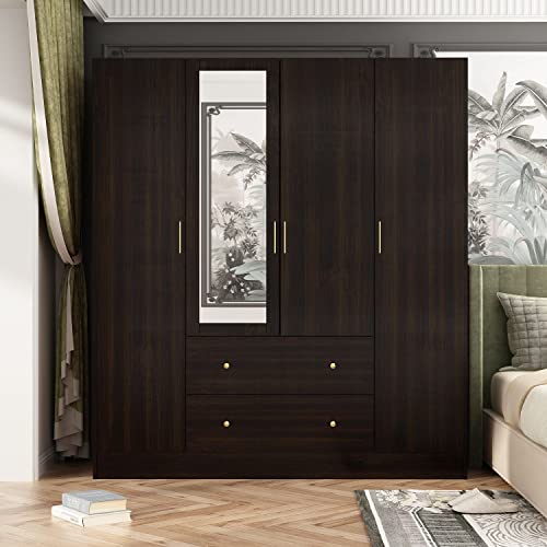 FAMAPY 4-Door Wardrobe Closet with Mirror, Armoires and Wardrobes with Drawers and Shelves, Armoire Wardrobe Closet with Hanging Rod, White (63”W x 19.7”D x 70.9”H)