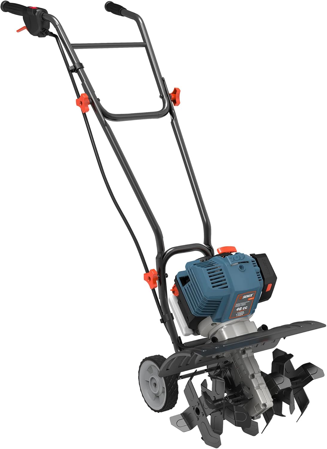 SENIX 4QL® 46 cc 4-Cycle Gas Powered Tiller Cultivator, 6 Premium Steel Forward Rotating Tines, 15-Inch Tilling Width, 8-Inch Tilling Depth, TL4QL-L1, Blue