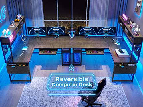 SEDETA L Shaped Gaming Desk, Reversible Computer Desk with Power Outlet and Pegboard, Gaming Desk with Led Lights, Keyboard Tray and Storage Bag for Home Office, Black