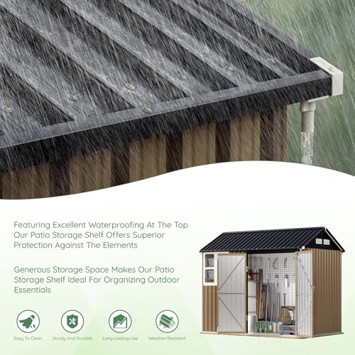 10X12X7.5 FT Outdoor Steel Storage Shed with Lockable Doors, 2 Windows, Transparent Roof Panels (Wood Panels & Frame Floor Not Included), Ideal for Patio Storage,Garbage Can, Chicken Coop，Brown