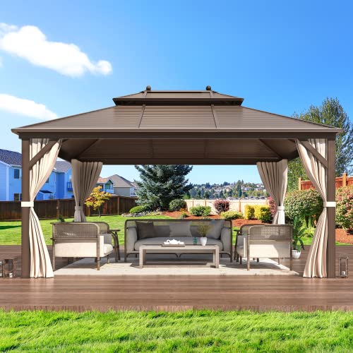 EROMMY 14'x20' Hardtop Gazebo Double Roof Galvanized Steel Canopy Outdoor Aluminum Frame Permanent Metal Pavilion with Netting and Curtains for Patio Backyard Deck and Lawns