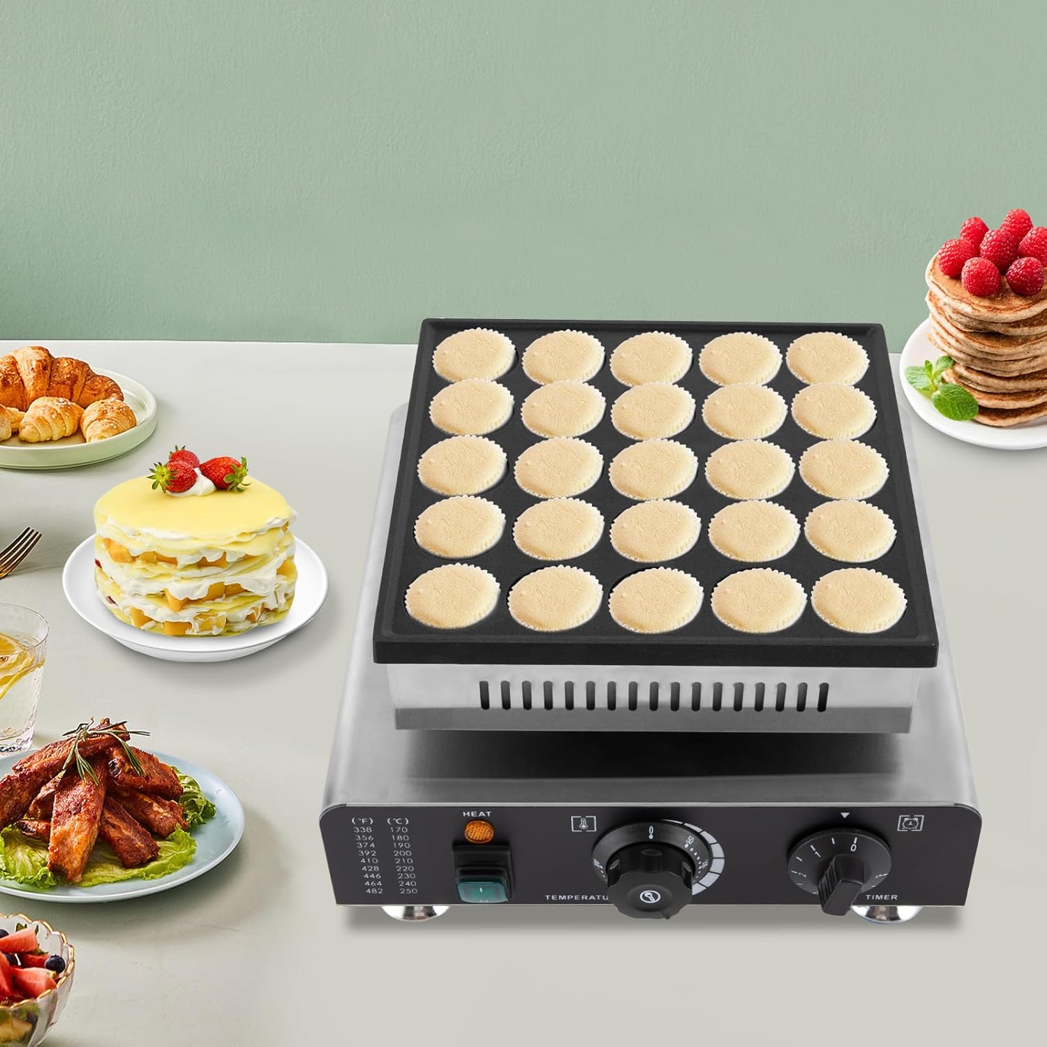 Mini Dutch Pancake Maker 25PCS, Commercial Non-stick Pancake Baker Machine 50-300℃ Electric Muffin Maker Stainless Steel for Home Kitchen, Cafe or Restaurant, 110V