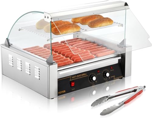 VEVOR Hot Dog Roller,5 Rollers 12 Hot Dog Capacity, 750W Stainless Steel Cook Warmer Machine with Dual Temp Control, LED Light and Detachable Drip Tray, Sausage Grill Cooker for Kitchen Restaurant