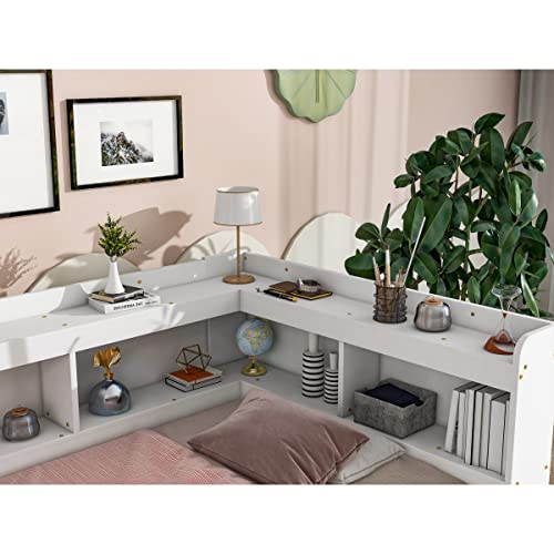 Twin Size Platform Bed with L-shaped Bookcase Headboard and 2 Storage Drawers, Pine Wood Daybed Captains Bed with Bookshelf for Kids Boys Girls, White
