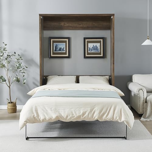 Queen Size Murphy Bed Wall Bed with a Storage Shelf, Space-Saving Wall Bed for Multipurpose Guest Room or Home Office - Gray