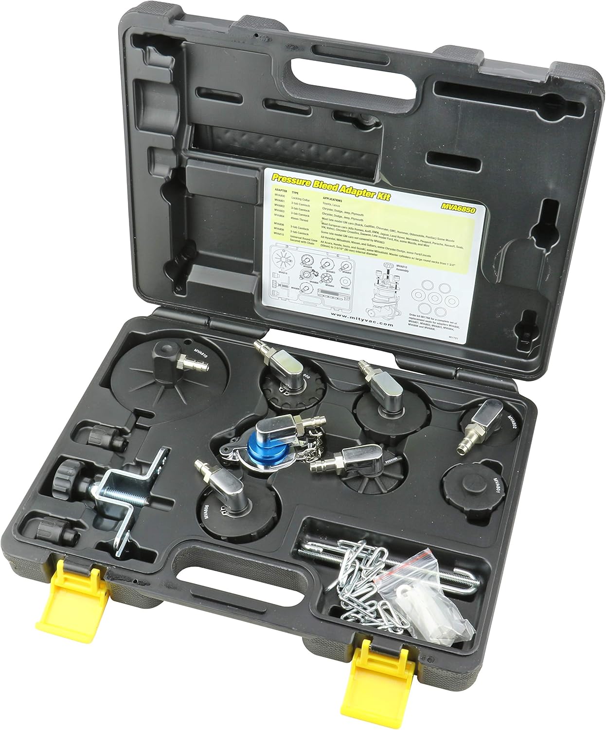 Mityvac MV6840 Professional Hydraulic Brake and Clutch Pressure Bleeding System, Integrated Safety and Pressure Relief Valve, 7 Master Cylinder Adapters and Storage Case