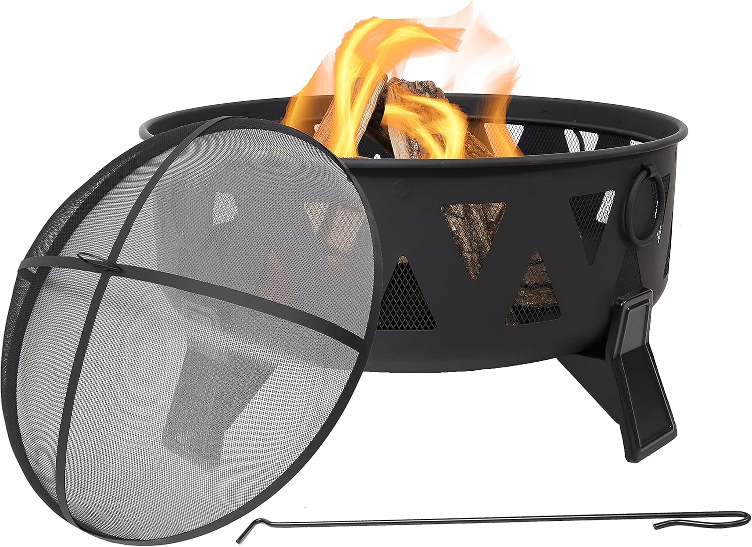 Sunnydaze 25-Inch Steel Wood-Burning Fire Pit with Mesh Stripe Cutouts - includes Poker and Spark Screen