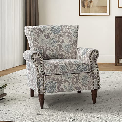 HULALA HOME Modern Wingback Accent Chair with Wood Legs & Removable Cushion, Comfy Upholstered Armchair with Nailhead Trim, Floral Pattern Single Sofa Chair for Living Room Bedroom, Pink