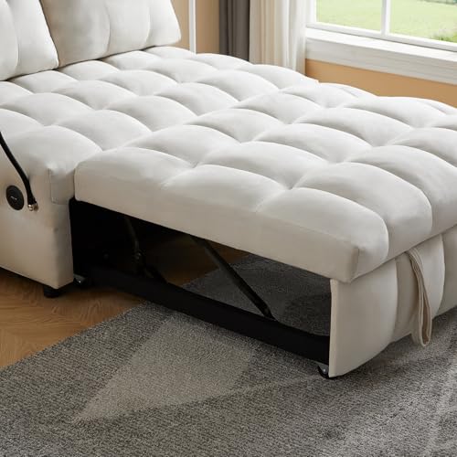 48" Convertible Sleeper Sofa Couch Bed,3-in-1 Velvet Tufted Pull Out Couch with USB&Type-C Charge Ports and Phone Holders,Comfy Modern Loveseat Sleeper Chaise Lounge for Living Room,Small Space(Grey)