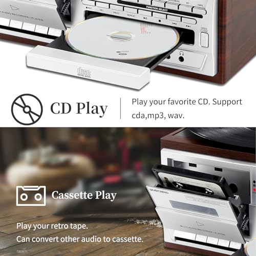 9 in 1 Record Player with External Speakers,3 Speed Bluetooth Turntable Vinyl Player with CD/Cassette Play,AM/FM Radio, USB SD/MMC Play, Aux-in/RCA Line Out