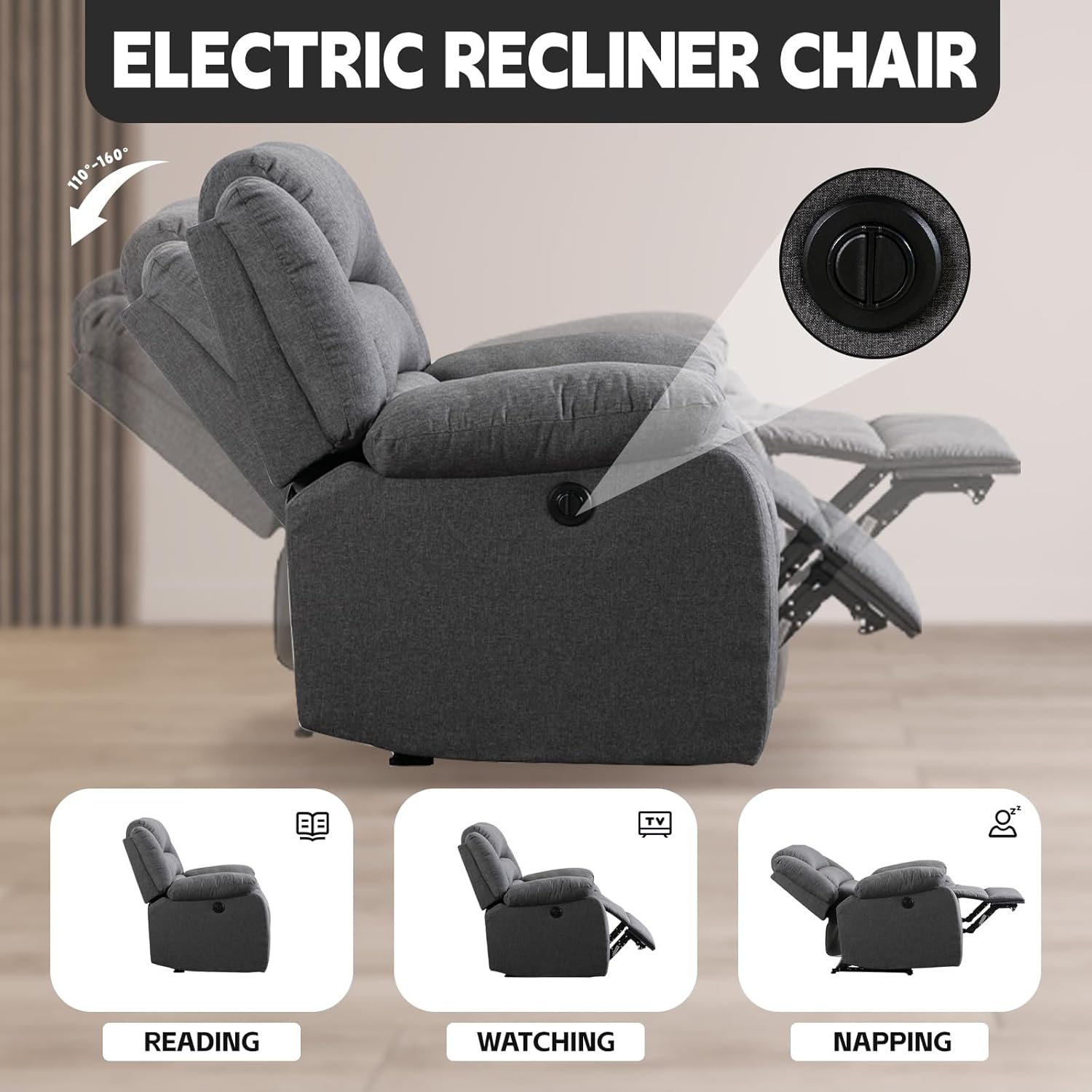 Power Recliner Chair, Soft Fabric Electric Reclining Chair with Overstuffed Back and Arm, Classic Single Sofa Recliner Chair for Living Room, Bedroom, Home Theater (Grey)