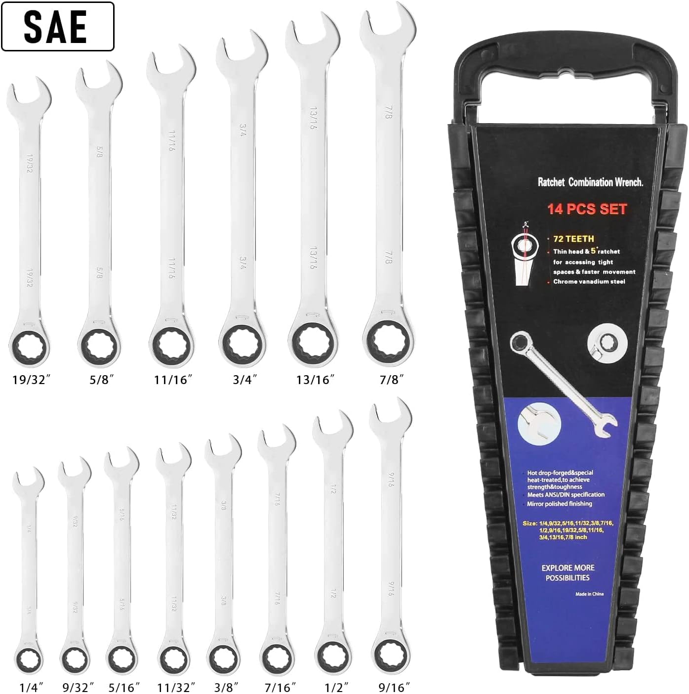 14-Piece Ratcheting Wrench Set , SAE 1/4”-7/8” , Chrome Vanadium Steel Combination Wrench set with Wrench Rack Pack of 2