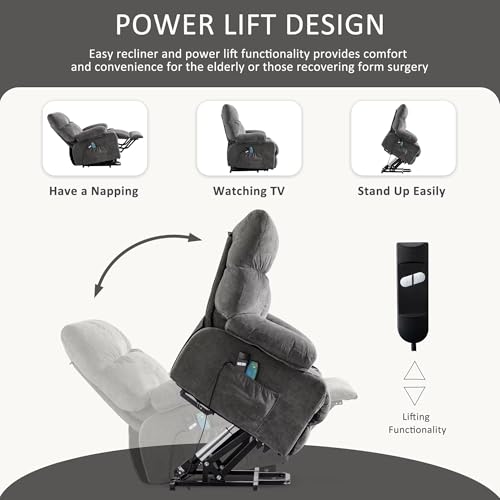 Power Lift Recliner Chair for Elderly,Recliner Massage Chair with Heat and Massage Recliner,Lift Chair Sofa with Infinite Position and Side Pocket,USB Charge Port,Gray