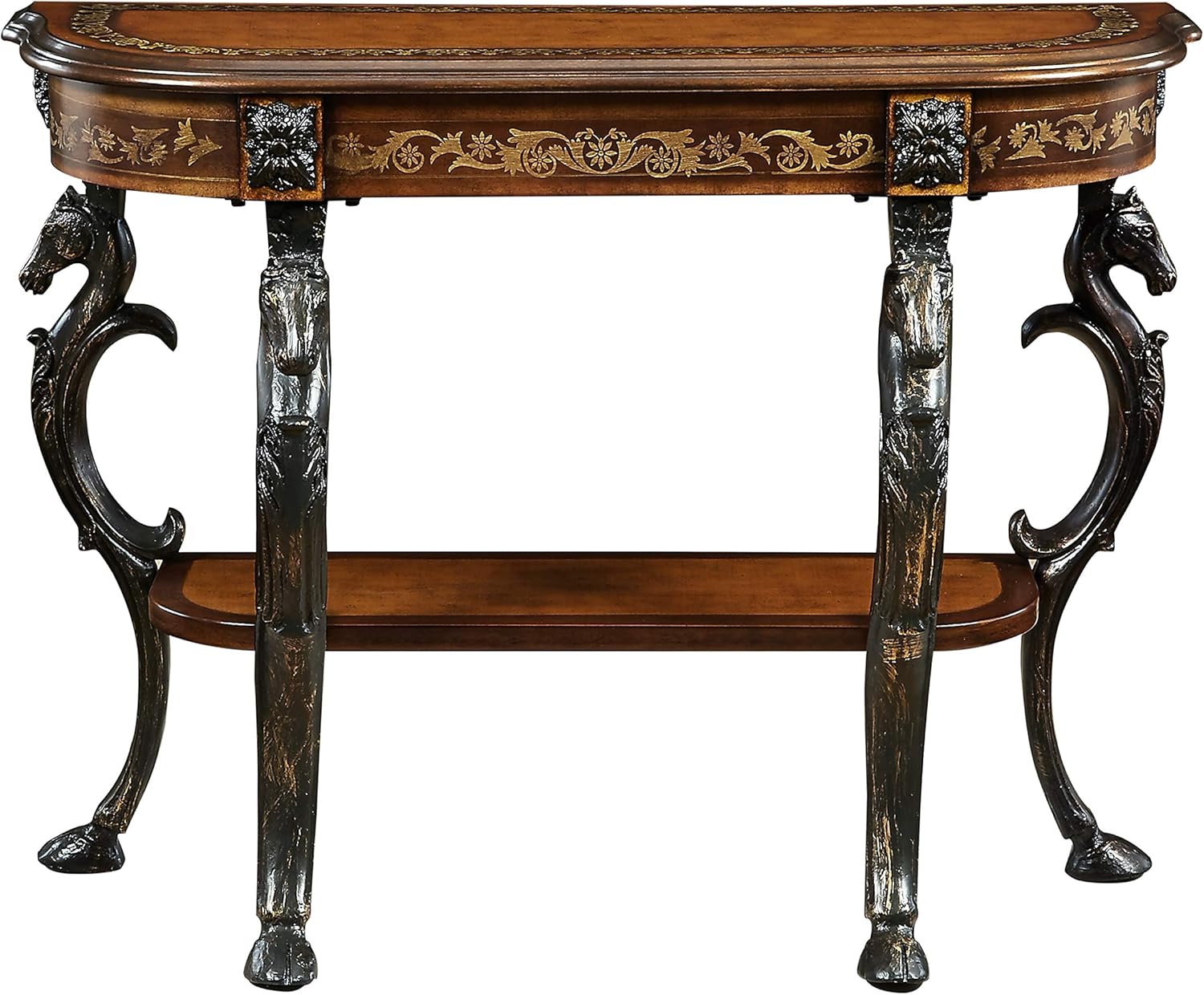 Powell Masterpiece Floral Demilune Console Table with Horse Head and Hoofed-Foot Cast Legs and Display Shelf